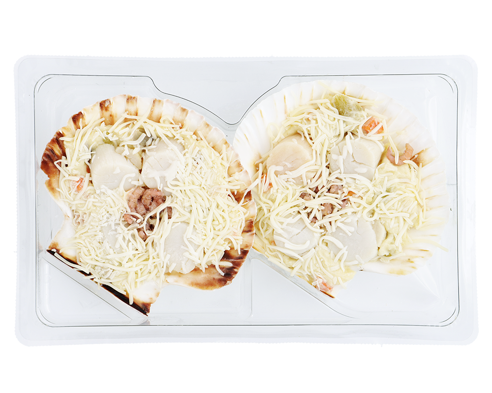 St-jakobsschelp witte wijn brunoise met grijze garnalen (2 stuks)