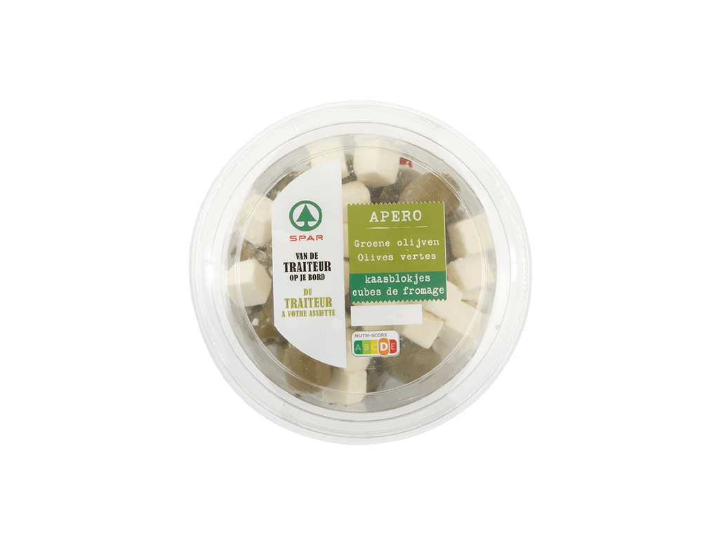 Groene olijven met kaasblokjes (150 g)